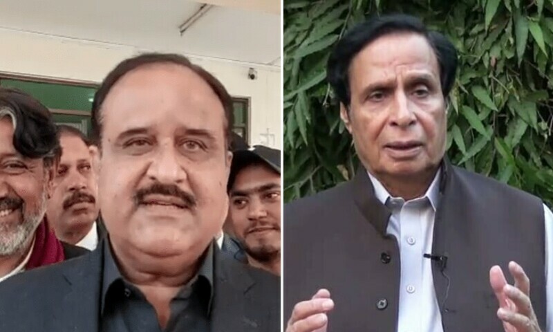 <p>Former and incumbent Punjab Chief Ministers Usman Buzdar and Chaudhry Pervez Elahi. — Screengrab</p>