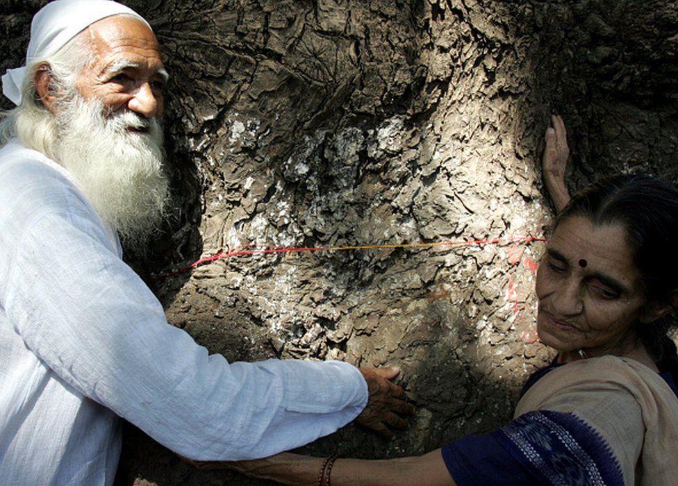 Environmentalist Sunderlal Bahuguna of the Chipko movement fame and his wife Vimla, participates in a Chipko rally to save the trees on LBC road. 2005