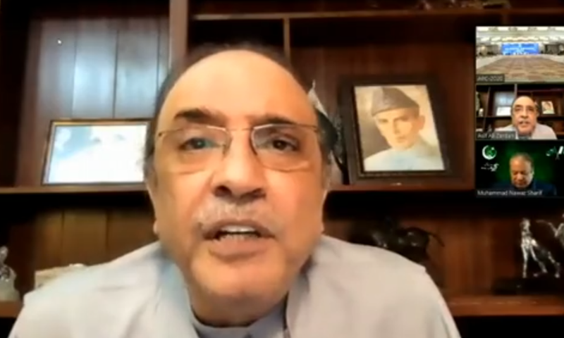 Former president Asif Ali Zardari delivered the opening speech at the PPP-hosted multiparty conference through video link. — Screengrab