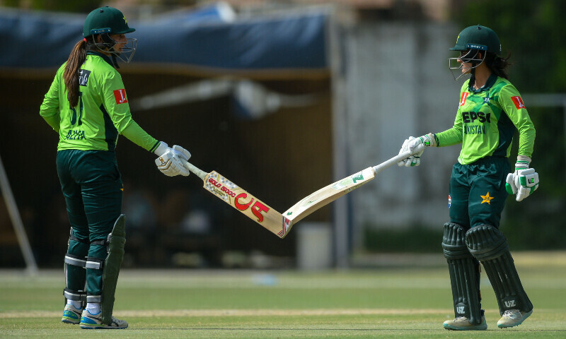 Pakistan’s Aliya Riaz and Muneeba Ali during the ODI encounter against Bangladesh in the ICC Women’s World Cup 2025 Qualifiers, in Lahore on Saturday. — X/PC