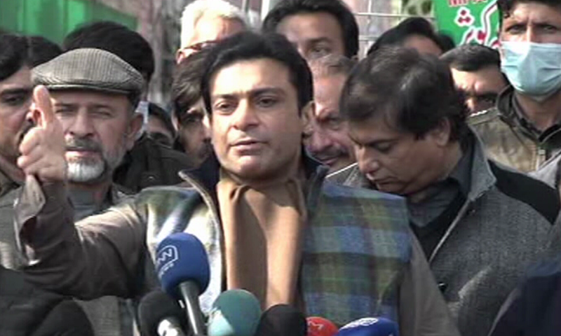 In this file photo, PML-N Leader Hamza Shehbaz speaks to the media outside a court in Lahore. — DawnNewsTV