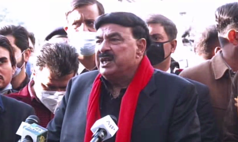 Minister for Interior Sheikh Rashid Ahmed speaks to the media in Islamabad. — DawnNewsTV