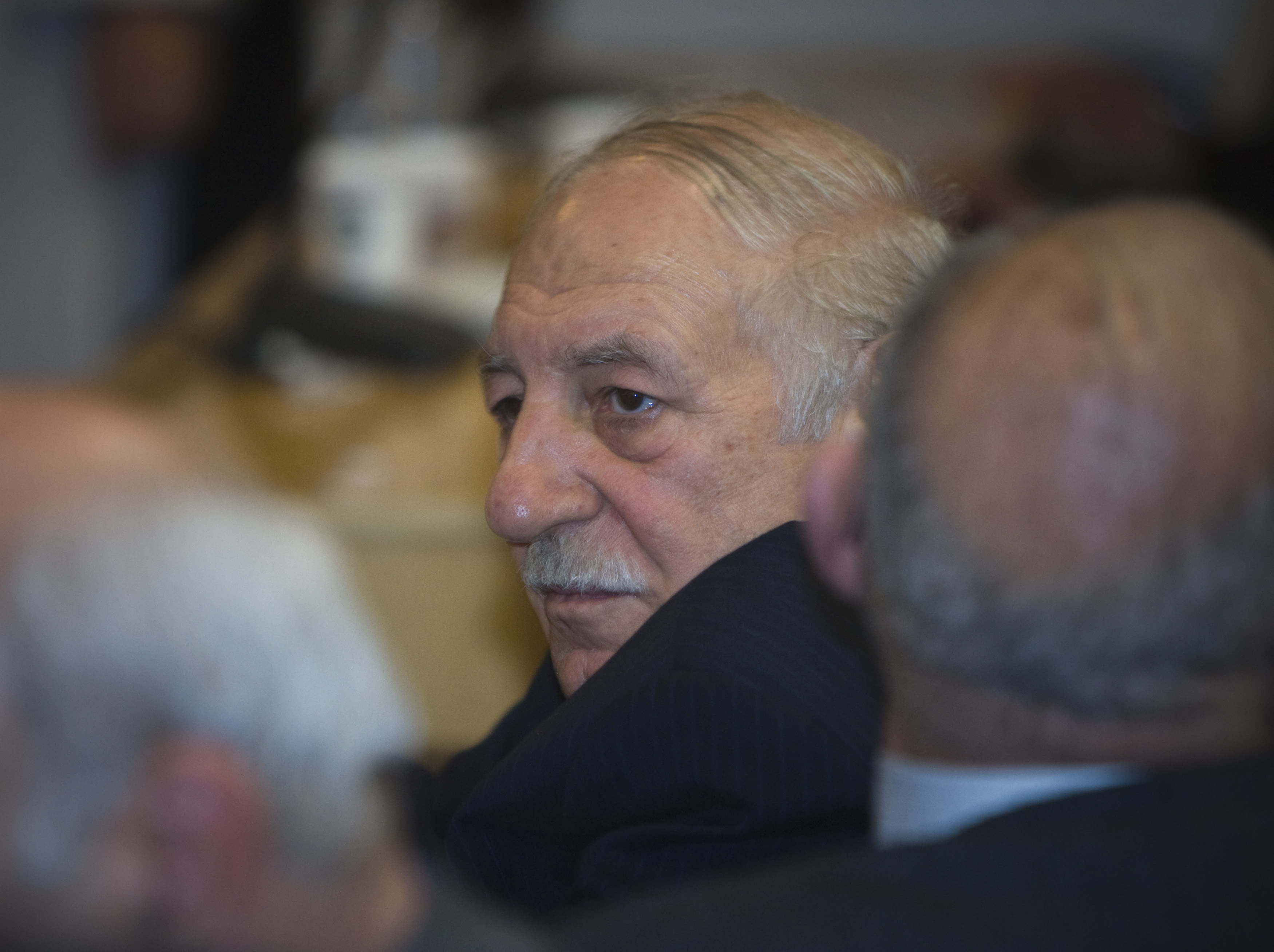 Ahmed Jibril, (R) head of the Popular Front for the Liberation of Palestine-General Command (PFLP-GC), attends the International Conference on National and Islamic Unification of Palestine Future, in Tehran February 28, 2010. REUTERS/Morteza Nikoubazl (IRAN - Tags: POLITICS HEADSHOT)