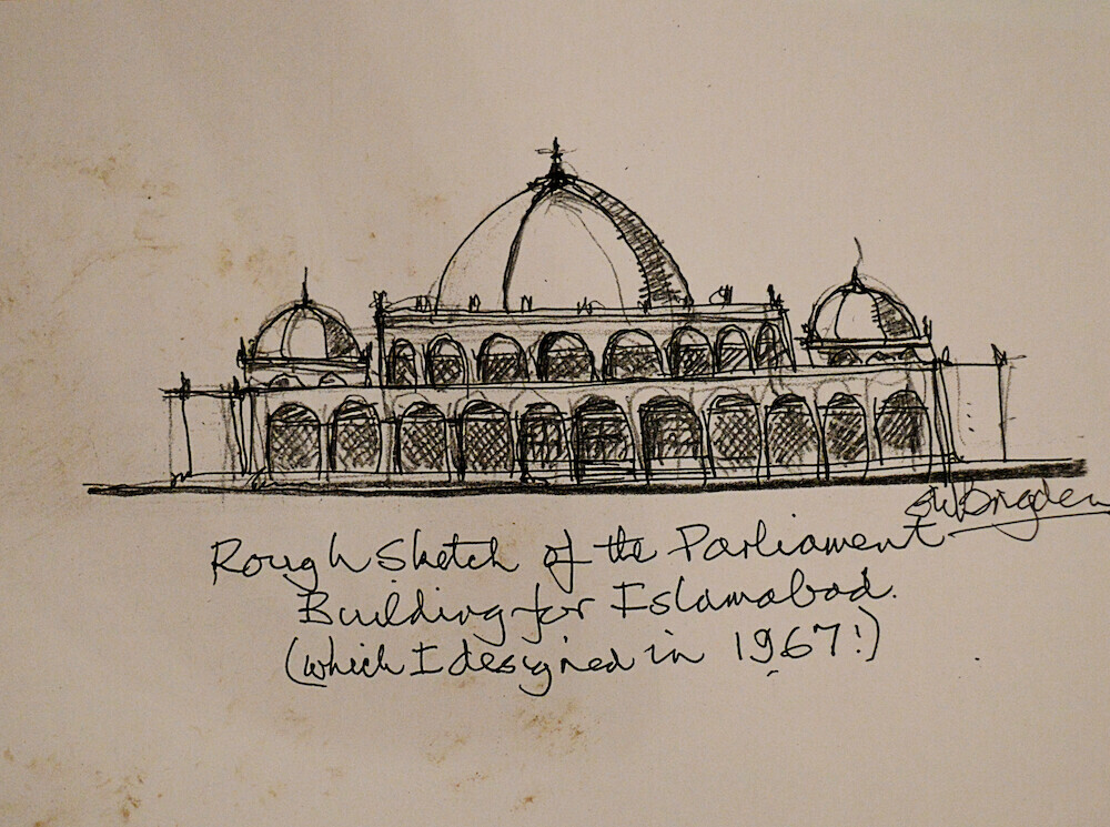  A rough sketch of the design proposed by Gerard Brigden for the Parliament building. — Photo provided by author from Gerard Brigden’s archives 