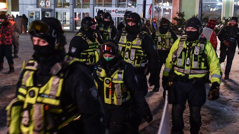 Police officers in Ottawa's city centre on Saturday