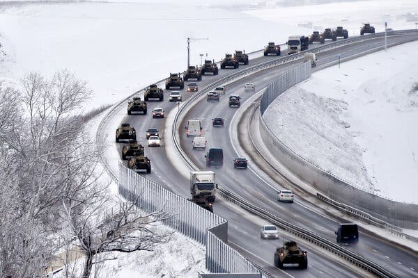 A convoy of Russian armored vehicles moving along a highway in Crimea last month.