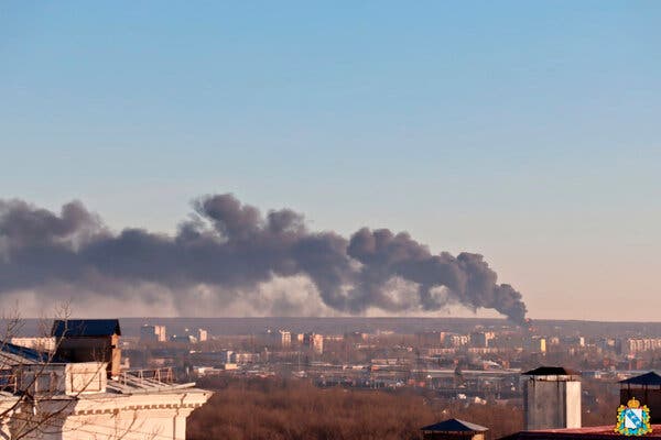 An image released by the administration of the Kursk region of Russia on Tuesday showed smoke rising above the area near the Kursk airport.