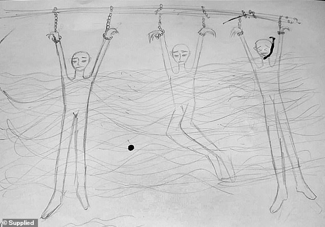 Working from witness statements, teacher Sayragul Sauytbay made a sketch to illustrate how detainees are tortured in underground water prisons. Shackled at the wrists, they spend weeks with their bodies immersed in dirty water