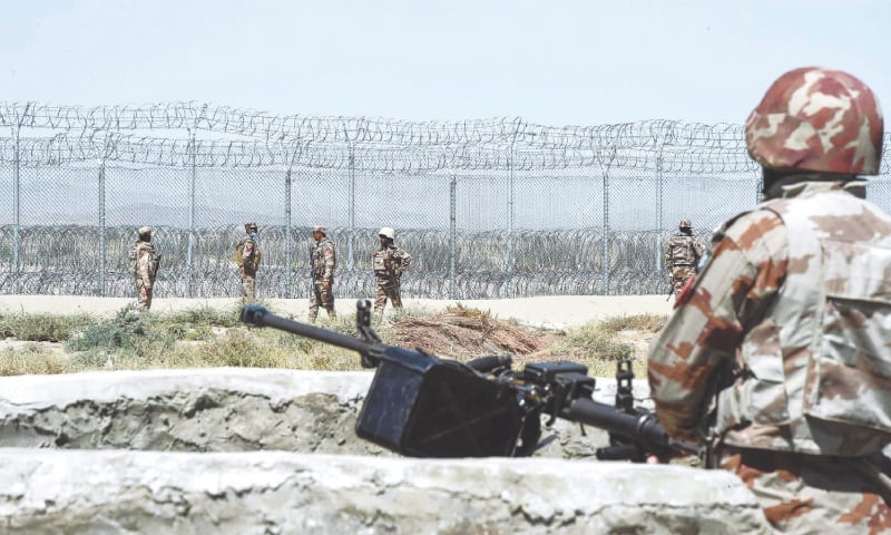 PERSONNEL of Frontier Corps stand guard at the newly inaugurated Badini Trade Terminal Gateway, a border crossing between Pakistan and Afghanistan in Balochistan’s Qila Saifullah town, on Wednesday. — AFP