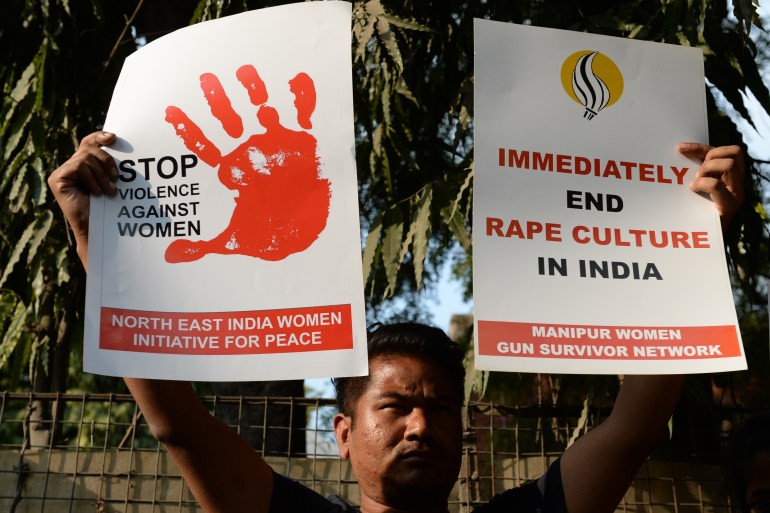 One woman reported a rape every 15 minutes on average in India in 2018, according to the latest government data [File: Sajjad Hussain/AFP]