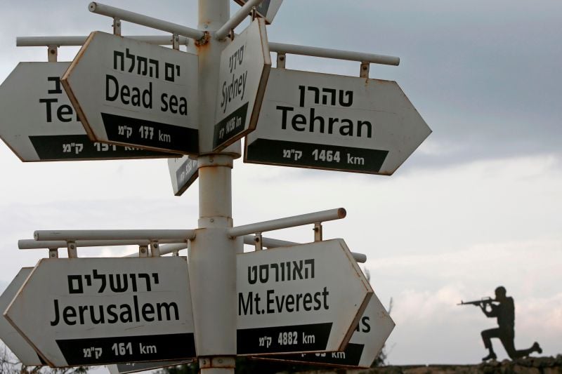 A cutout of an Israeli soldier and a sign in the Golan Heights