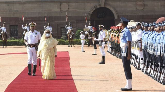 Sheikh Hasina's red carpet reception in Delhi on Tuesday.