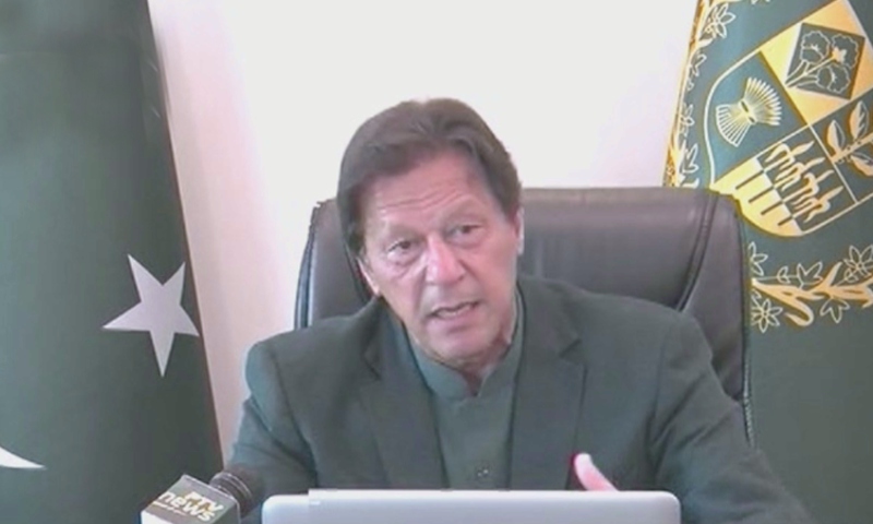 In this photo, PM Imran Khan addresses through video link a meeting of parliamentary leaders being chaired by National Assembly speaker. — DawnNewsTV/File