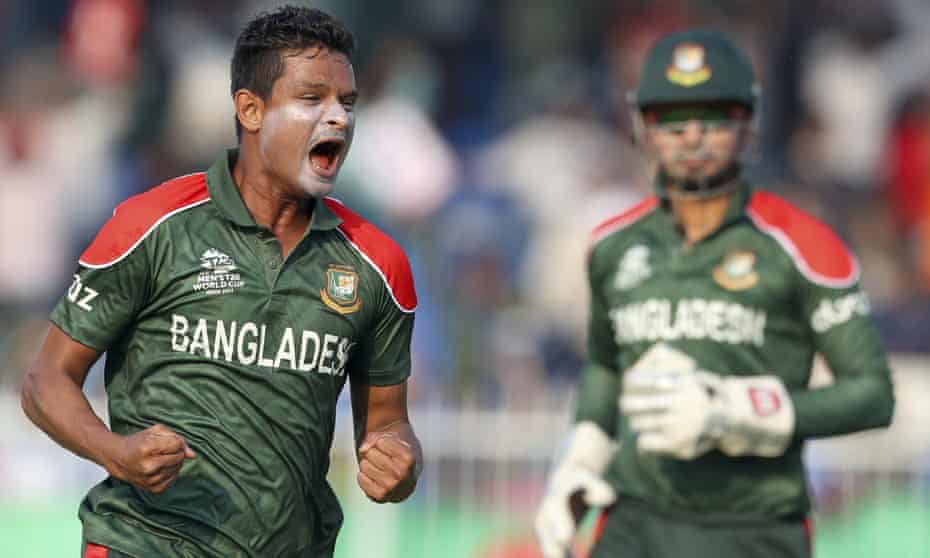 Bangladesh's Nasum Ahmed celebrates the wicket of Sri Lanka's Kusal Perera on Sunday, but his side ultimately fell to a five-wicket defeat.