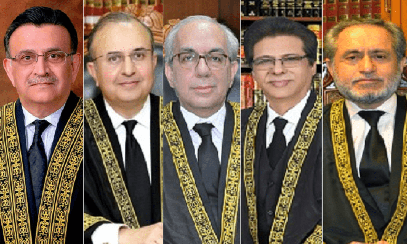 <p>CJP Umar Ata Bandial, Justice Mansoor Ali Shah, Justice Munib Akhtar, Justice Muhammad Ali Mazhar and Justice Jamal Khan Mandokhail are part of the reconstituted SC bench hearing the election suo motu case. — SC website</p>