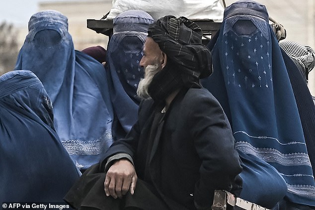 The Ministry for the Promotion of Virtue and Prevention of Vice today declared that women seeking to travel anything other than short distances should not be offered transport if they are alone, and insisted transport be offered only to those wearing Islamic hijabs. (Pictured: Afghan women ride on a vehicle along a road in Mazar-i-Sharif on December 21, 2021)