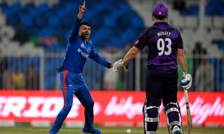 Mujeeb Ur Rahman celebrates taking a Scotland wicket during Afghanistan’s emphatic win