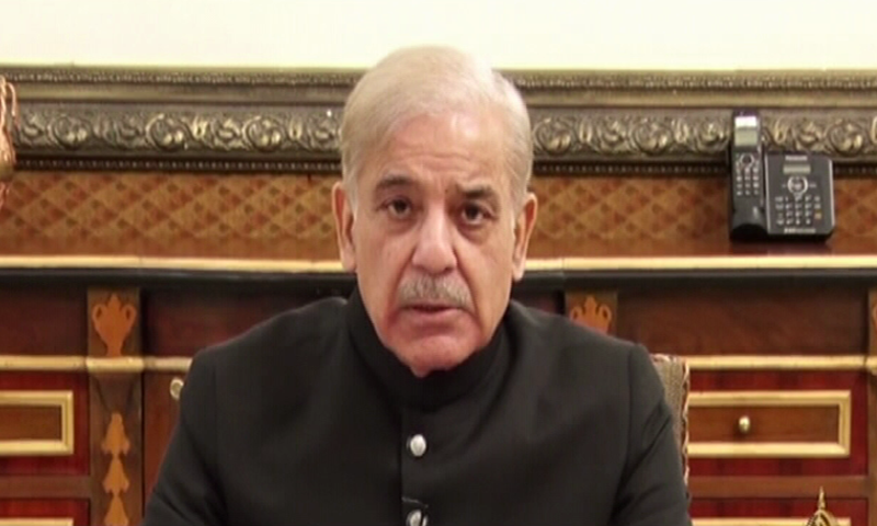 Prime Minister Shehbaz Sharif addresses the nation on Friday. — DawnNewsTV