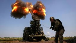 A Ukrainian serviceman of the 57th Kost Hordiienko Separate Motorised Infantry Brigade fires a 2S22 Bohdana self-propelled howitzer towards Russian troops, amid Russia's attack on Ukraine, at a position near the city of Bakhmut in Donetsk region, Ukraine July 5, 2023. 's attack on Ukraine, at a position near the city of Bakhmut in Donetsk region, Ukraine July 5, 2023. 