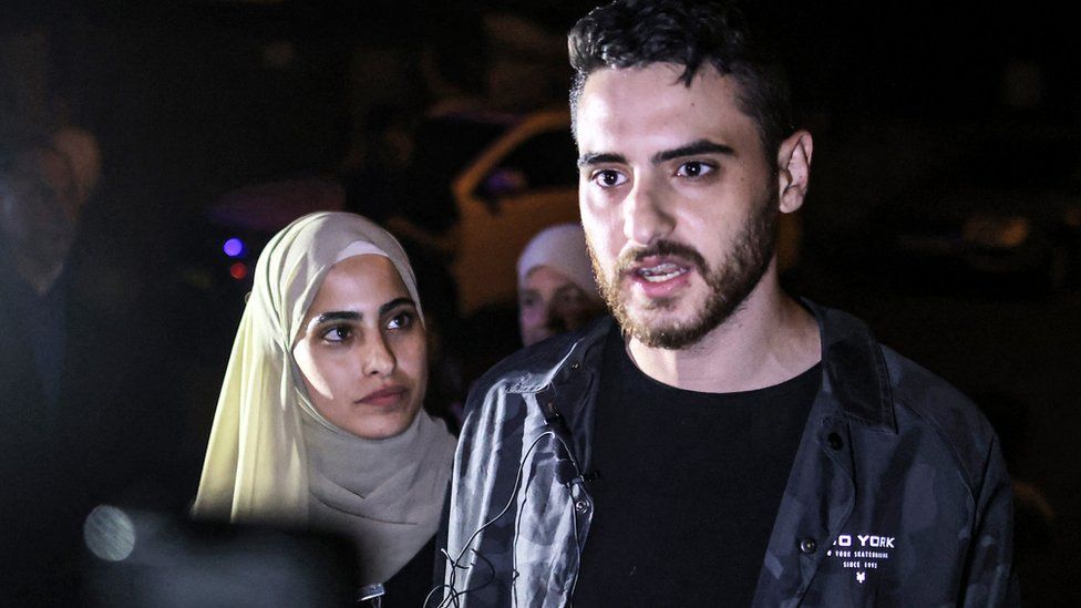 Palestinian activist twins (L to R) Muna and Mohammad el-Kurd, speak to reporters after being released by Israeli authorities in the neighbourhood of Sheikh Jarrah in Israeli-annexed east Jerusalem, 6 June 2021
