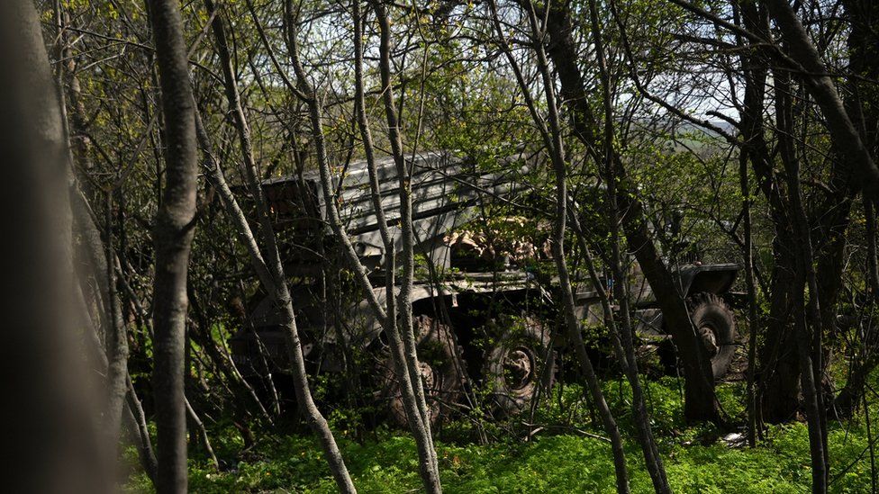 Grad missile launcher hidden in trees