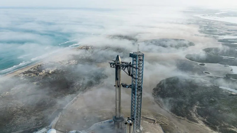 SpaceX's Starship and Super Heavy booster on the launch pad in Boca Chica, Texas. 