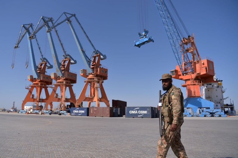 A Pakistan Army personnel looks on during the opening of a trade route project at the Gwadar port in Pakistan on Nov. 13, 2016.