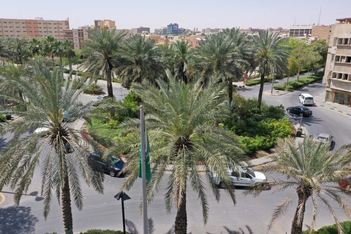 An aerial picture shows cars at a roundabout planted with shrubs and plam trees in the Saudi capital Riyadh, on March 29, 2021 [AFP via Getty Images]