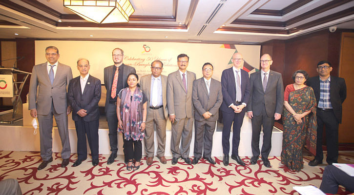 guests present at a discussion to mark 50 years of relations between bangladesh and germany at a hotel in the capital on monday 