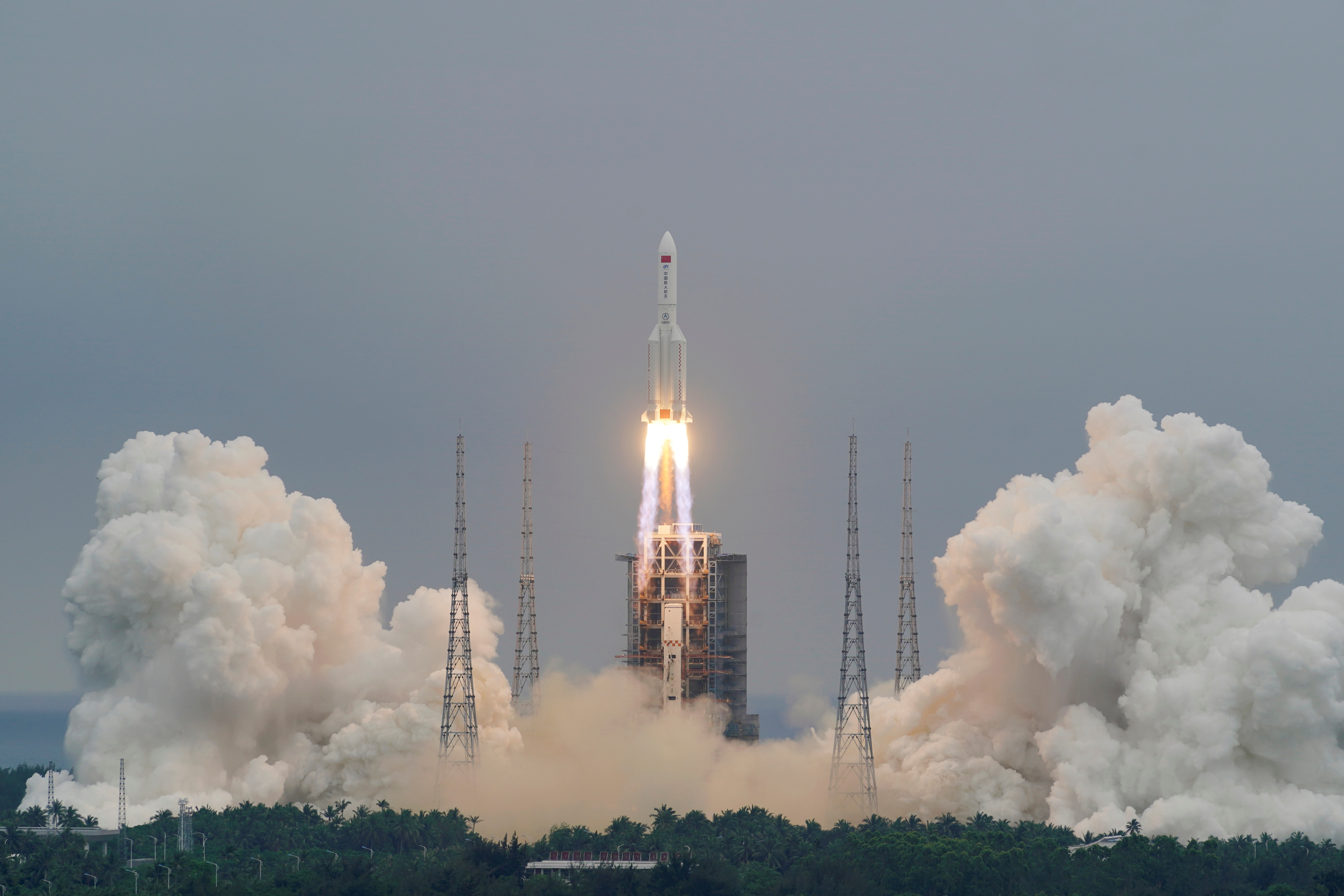 The Long March-5B Y2 rocket, carrying the core module of China's space station Tianhe, takes off from Wenchang Space Launch Center in Hainan province, China April 29, 2021. China Daily via REUTERS  