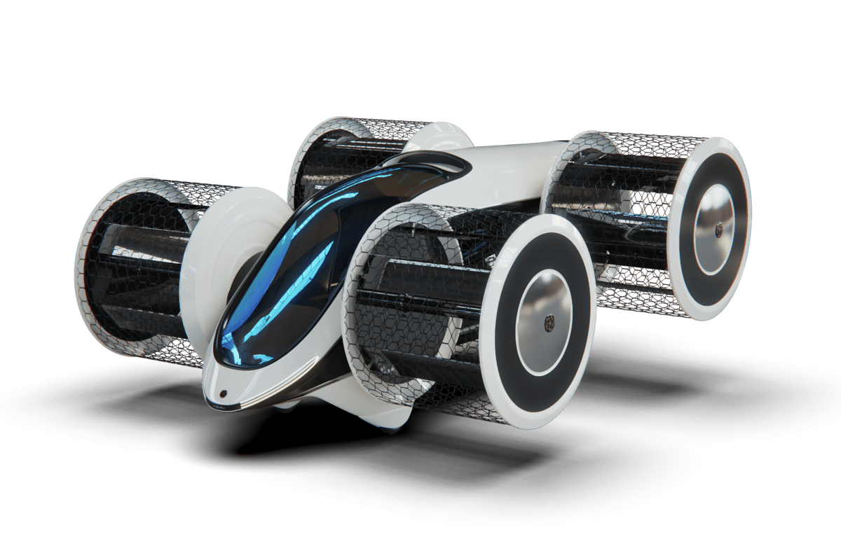 The Cyclocar will carry six people, or up to 600 kg of cargo, up to 500 km (310 miles) thanks to a hybrid powertrain and that unconventional propulsion system