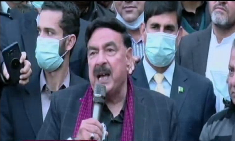 Minister for Interior Sheikh Rashid Ahmed speaks to the media in Islamabad. — DawnNewsTV