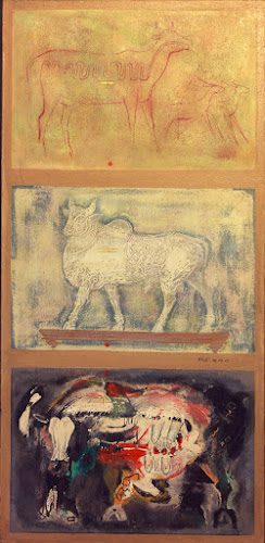 Chandru’s triptych (2001) shows an evolution in human views of the cow—in cave paintings, temple sculpture and contemporary art. On close study, all three panels are connected by the presence of a red dot and a yellow horizontal bar—component parts of a tilak. Perceptions of the same animal keep changing, and the cow remains an indiﬀerent subject for humans to spin images of.. chandru / courtesy s anand