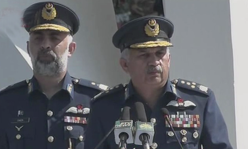 Chief of Air Staff Air Chief Marshal Mujahid Anwar Khan addresses a ceremony at the Air Headquarters in Islamabad on Saturday. — DawnNewsTV