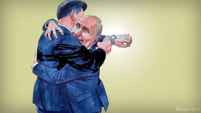 Vladimir Putin and Xi Jinping hug each other, but Xi surreptitiously checks his watch