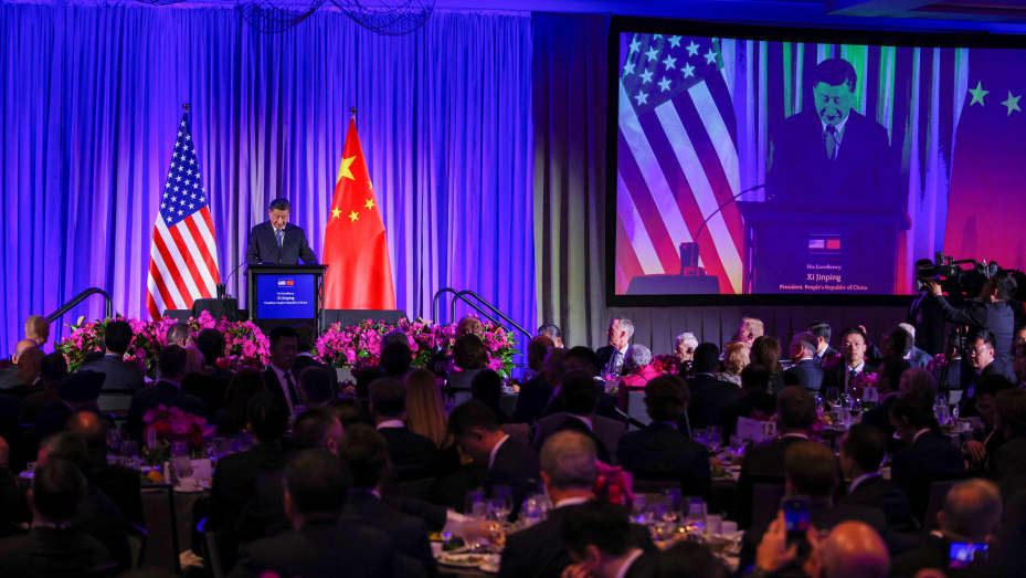 China's President Xi Jinping speaks at the Senior Chinese Leader Event held by the National Committee on US-China Relations and the US-China Business Council on the sidelines of the Asia-Pacific Economic Cooperation (APEC) Leaders' Week in San Francisco, California, on November 15, 2023.