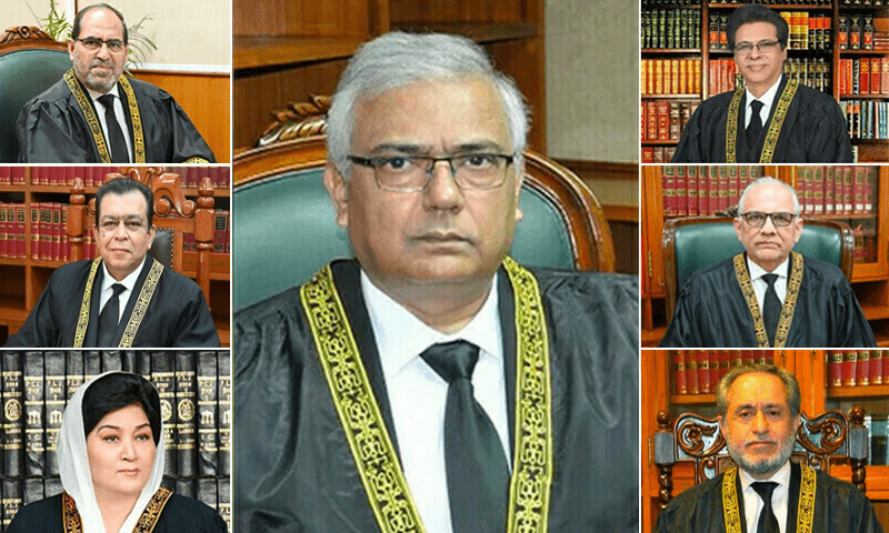 This collage shows SC constitutional bench judges — namely Justices Aminuddin Khan, Jamal Khan Mandokhail, Naeem Akhtar Afghan, Muhammad Ali Mazhar, Hassan Azhar Rizvi, Musarrat Hilali, and Shahid Bilal Hassan. — SC website