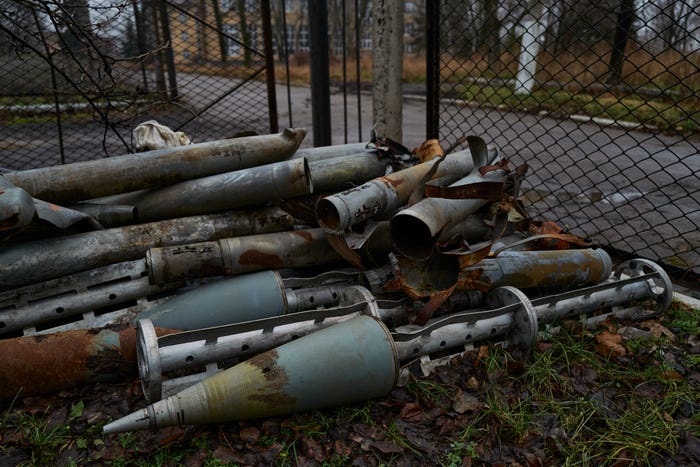 The remains of artillery shells and missiles including cluster munitions are stored on December 18, 2022 in Toretsk, Ukraine.