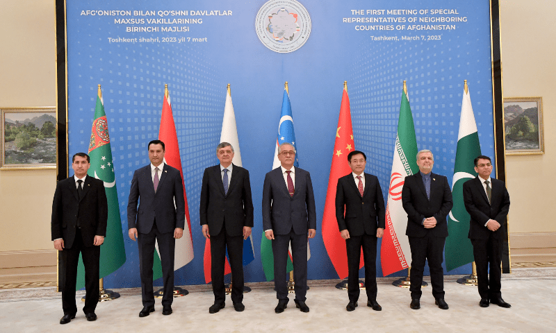 <p>Tashkent: (From left) Turkmenistan’s Deputy Foreign Minister Vepa Hajiyev, Tajikistan’s foreign ministry official Vafo Niyatbekzoda, Zamir Kabulov of Russia, Uzbekistan’s  Ismatulla Irgashev, Chinese official Yue Xiaoyong, Hassan Kazemi Qomi of Iran and Pakistan’s Deputy Foreign Minister Syed Ahsan Raza Shah pose for a group photo after a meeting of special representatives from Afghanistan’s neighbouring countries, on Tuesday.—Reuters</p>