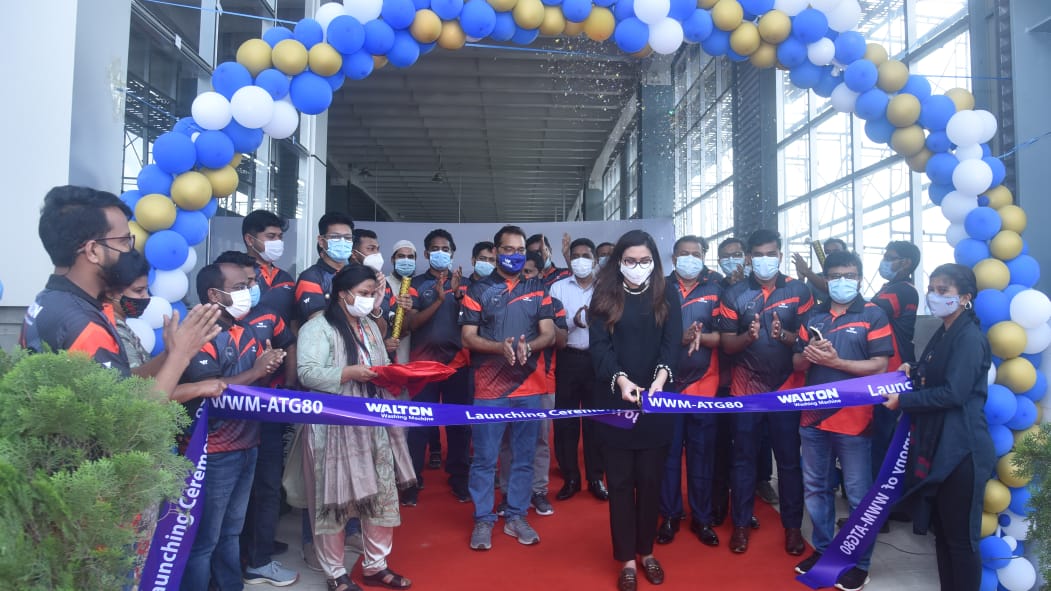 Walton Hi-Tech Industries Limited (WHIL) Director Tahmina Afrose Tanna inaugurating the new production line at Walton Hi-Tech Park in Chandra, Gazipur, on June 12 last.