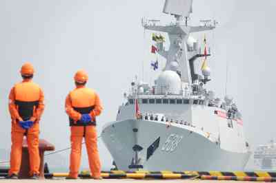 The frigate Yantai arrives at Yantai port during celebrations to mark the 74th anniversary of the Chinese navy in April