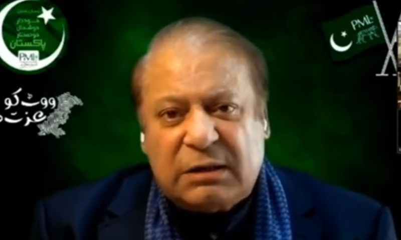 Ousted prime minister Nawaz Sharif addresses PPP-hosted multiparty conference through video link from UK on Sunday. — Screengrab