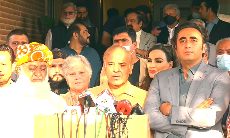 Balochistan National Party-Mengal chief Sardar Akhtar Mengal, Pakistan Democratic Movement President Maulana Fazlur Rehman, PML-N President Shehbaz Sharif and PPP Chairperson Bilawal Bhutto Zardari (from left to right) speak to media persons in Islamabad. — Photo courtesy PPP Twitter