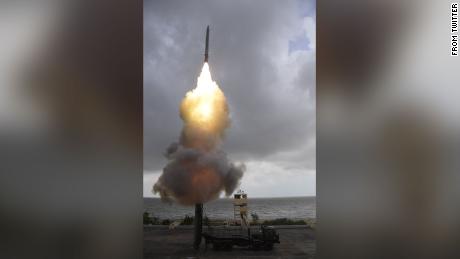 A missile containing a torpedo blasts off from a truck-mounted launcher on India's Wheeler Island on Monday in a photo from India's Defense Ministry.