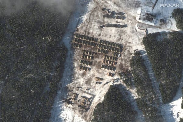 A satellite image released by Maxar showing Russian troop tents in Baronovichi, Belarus.