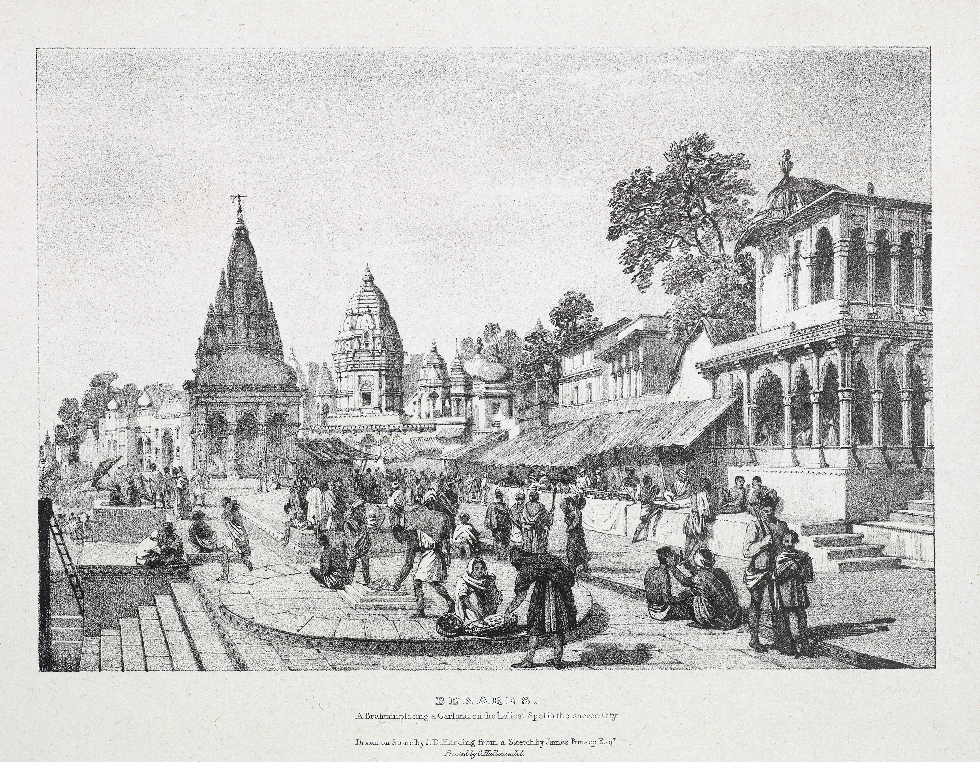 Benares_A_Brahmin_placing_a_garland_on_the_holiest_spot_in_the_sacred_city_by_James_Prinsep_1832.jpg