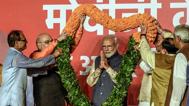 Indian Prime Minister Narendra Modi celebrates the political victory of the Bharatiya Janata Party (BJP) on May 23, 2019, at the BJP headquarters in New Delhi.