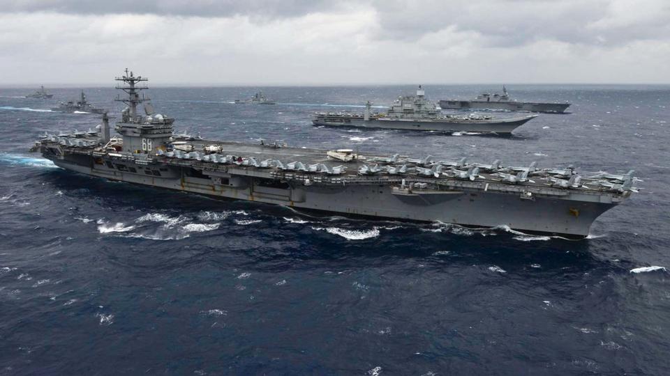 US, Indian, and Japanese carriers sailing together in Malabar exercise, 2017.