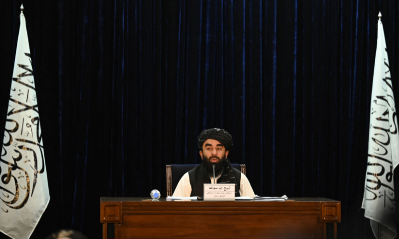 Taliban spokesman Zabihullah Mujahid addresses a press conference in Kabul on Tuesday. — AFP