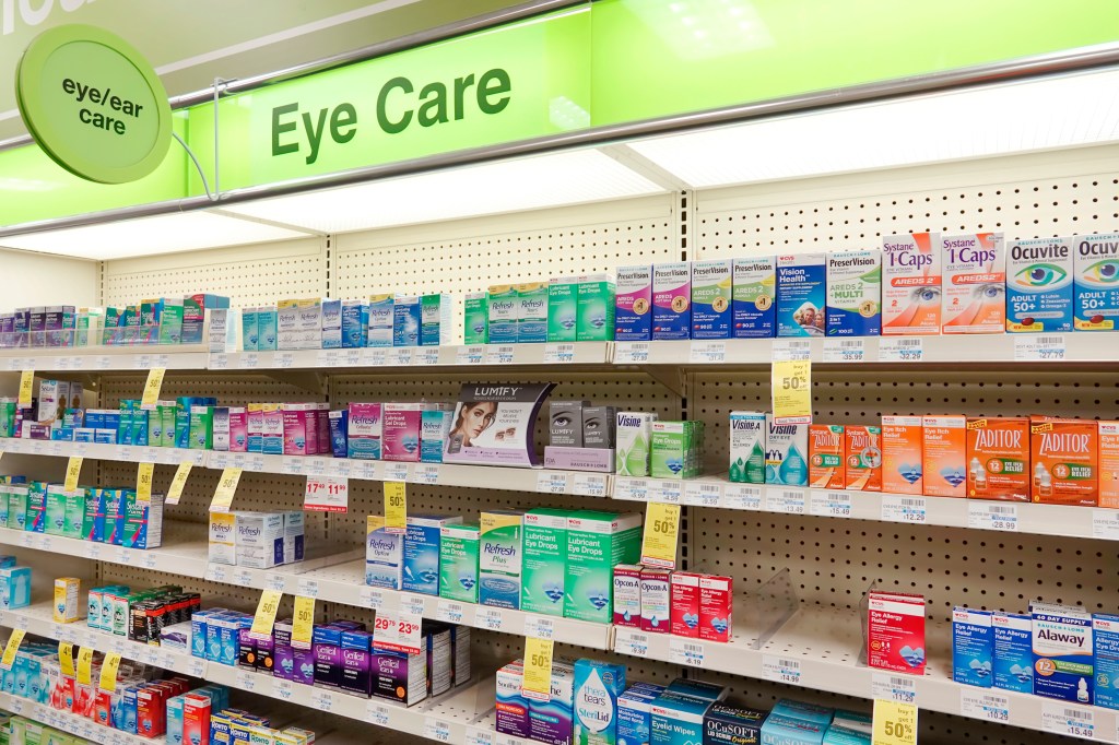 A display of eyedrops in a drugstore.